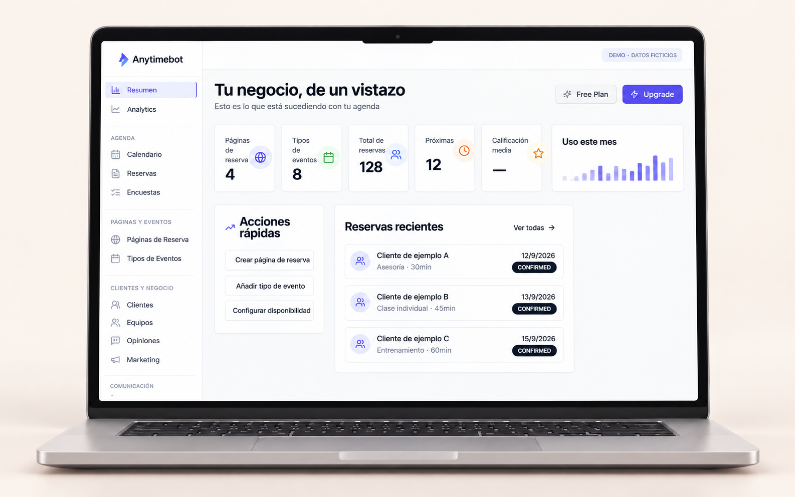 Portátil con el panel de Anytimebot y métricas de demostración